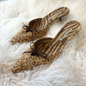 Manolo Blahnik Leopard Print Pointed Toe Mules